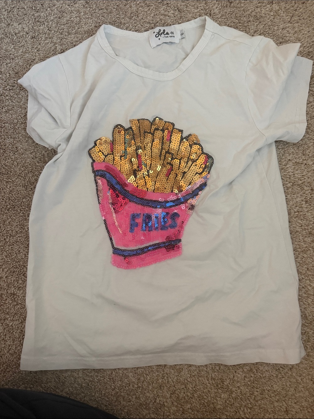 lola and the boys White Tee with Pink & Gold Sequin Fries Graphic